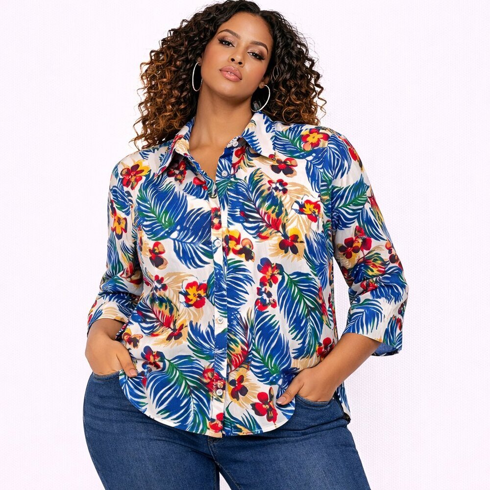 Breckenridge Women’s Floral Cotton Blouse Size L Blue Tropical 3/4 Sleeve Shirt